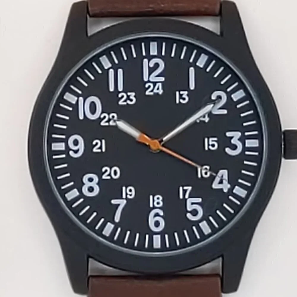 Men's Quartz Field Watch Black Case Brown Leather Strap 42mm
